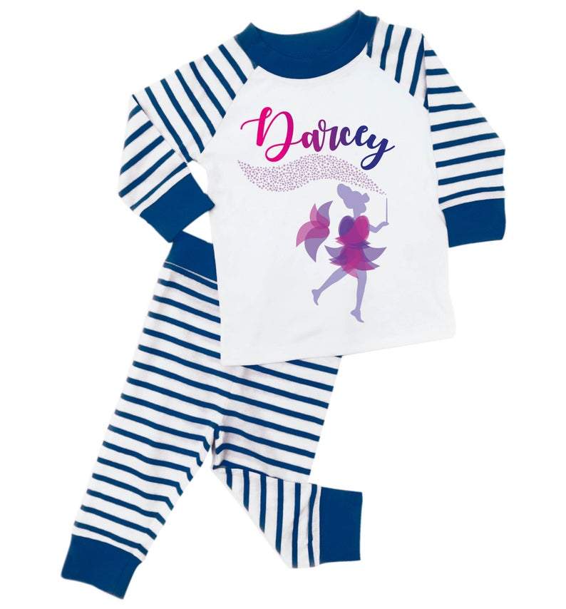 blue striped personalised fairy pyjama set for toddlers