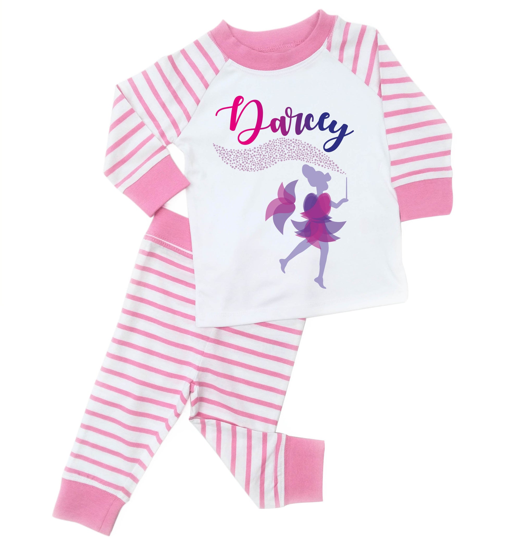 pink striped personalised fairy pyjama set for toddlers