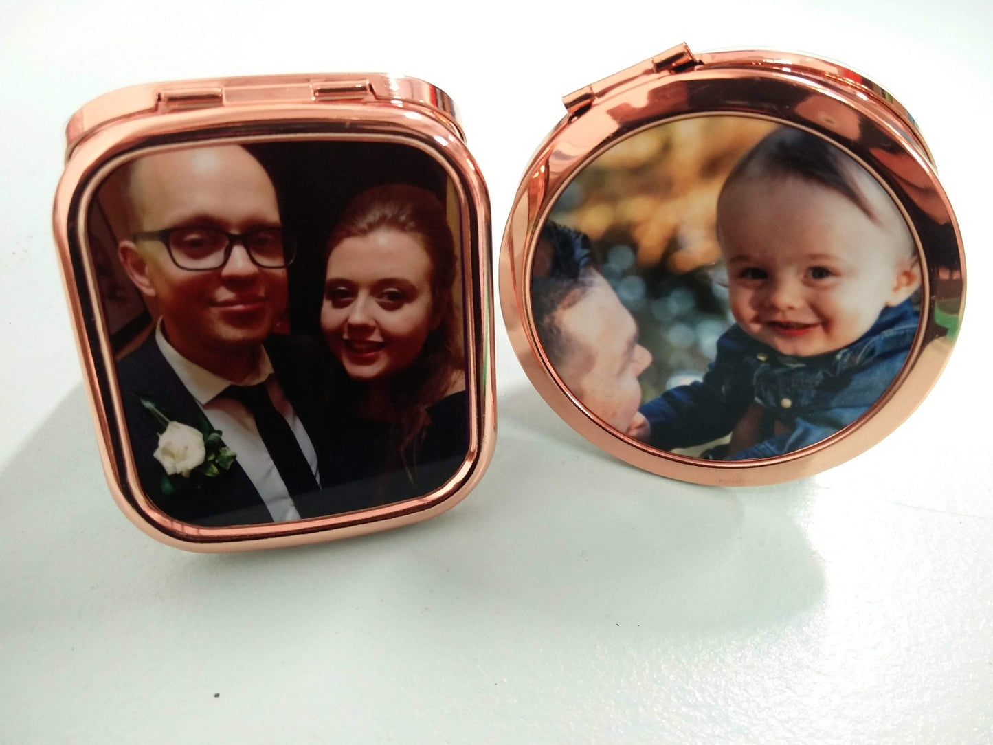 Personalised rose gold pocket mirrors | Custom order any text colour and font | Round or Square | Flox Creative