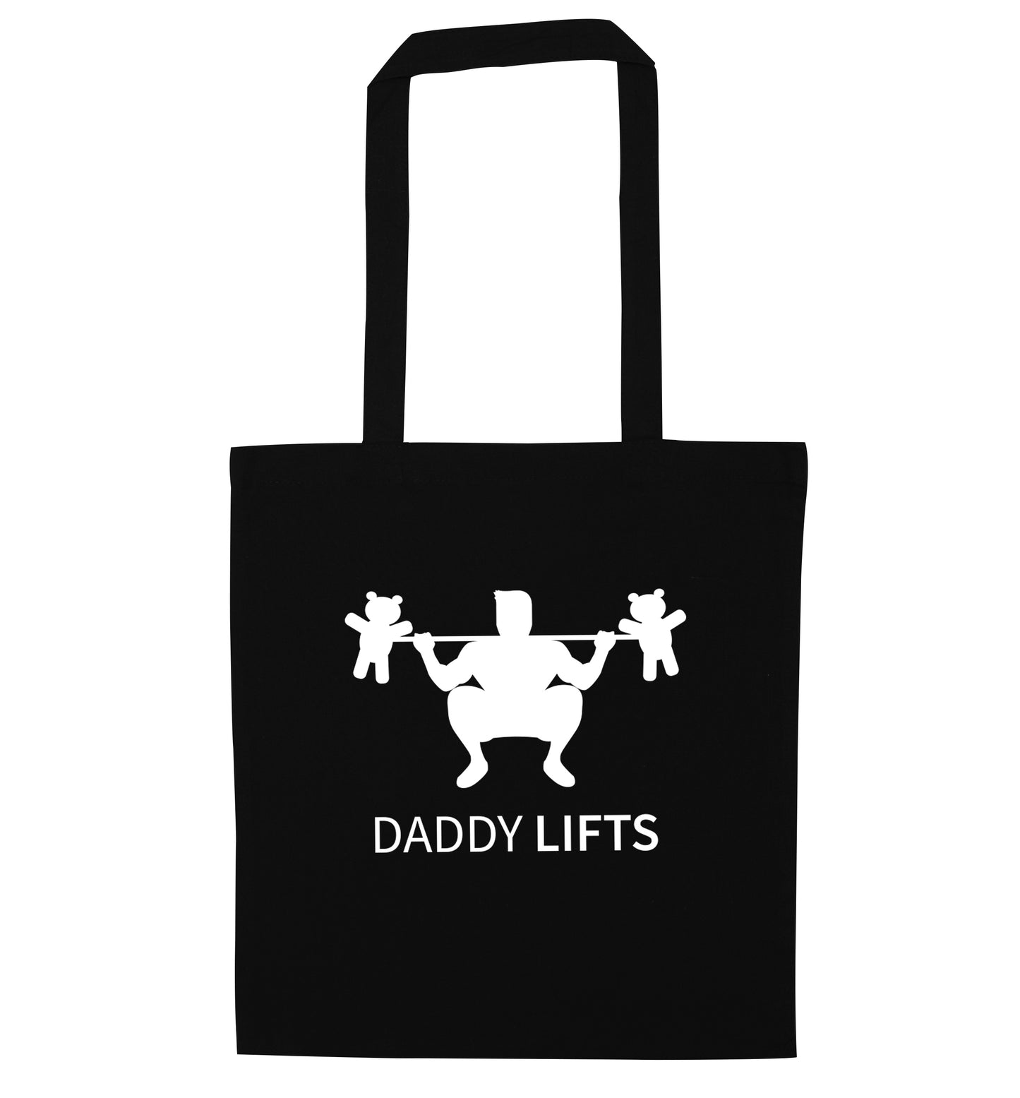 Daddy lifts black tote bag