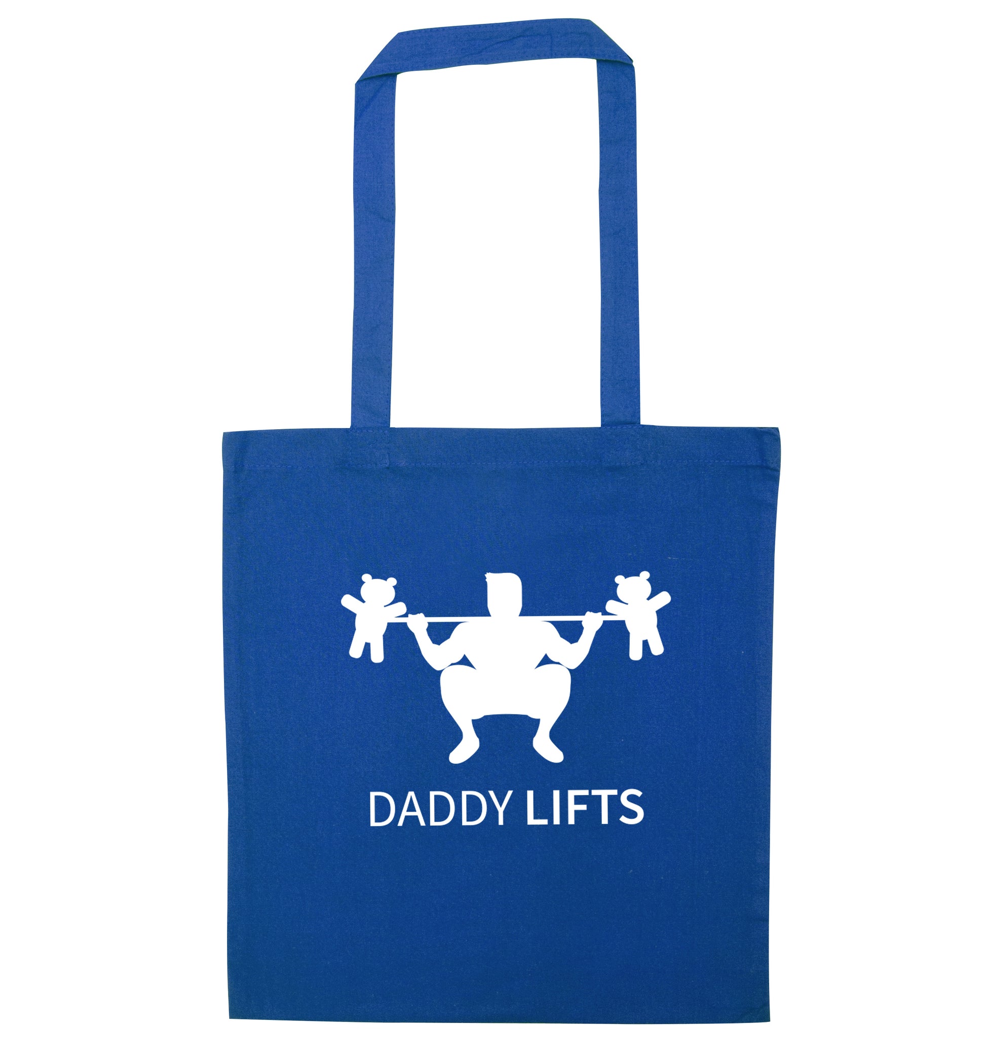 Daddy lifts blue tote bag