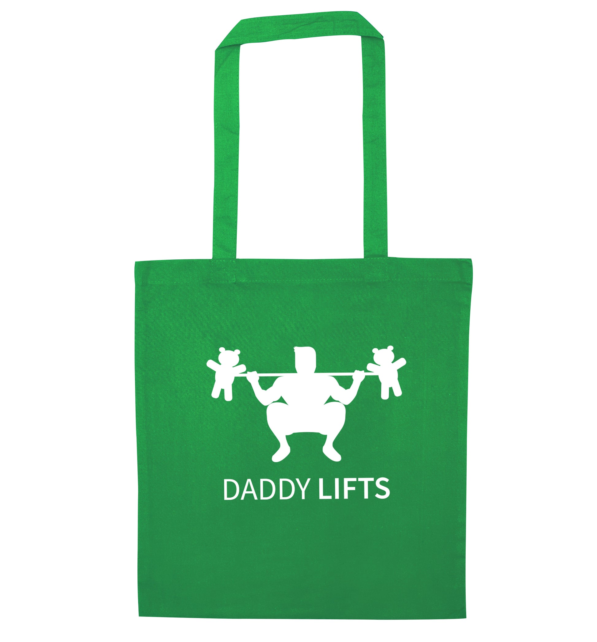 Daddy lifts green tote bag