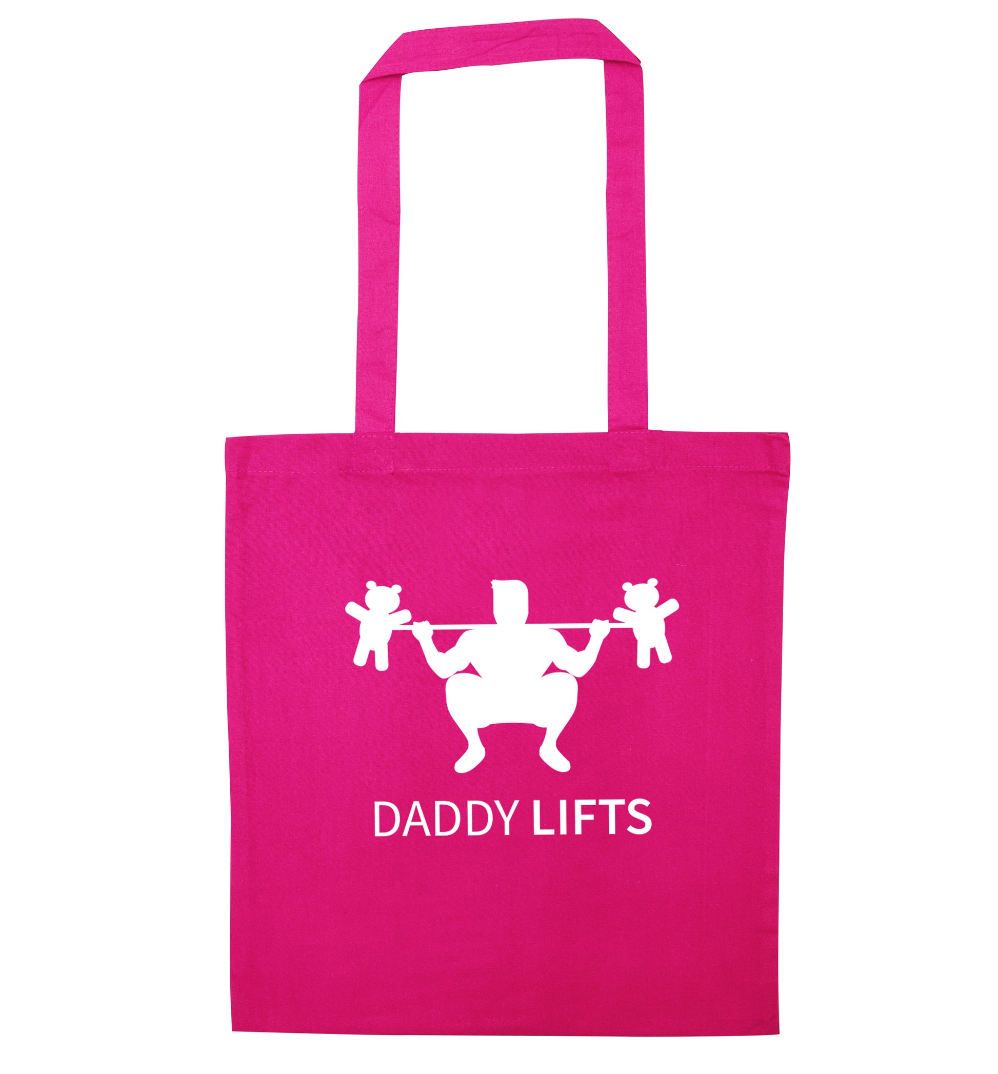 Daddy lifts pink tote bag