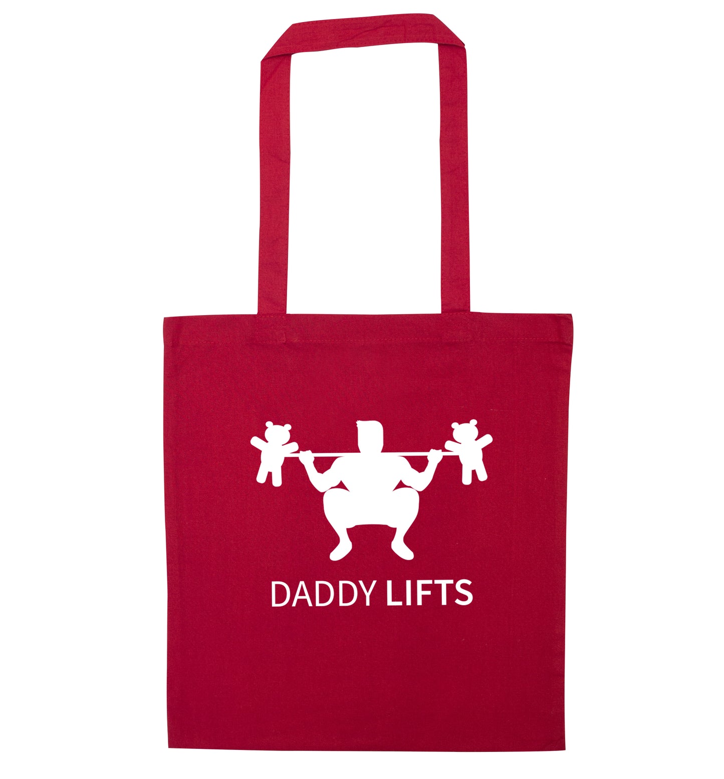 Daddy lifts red tote bag