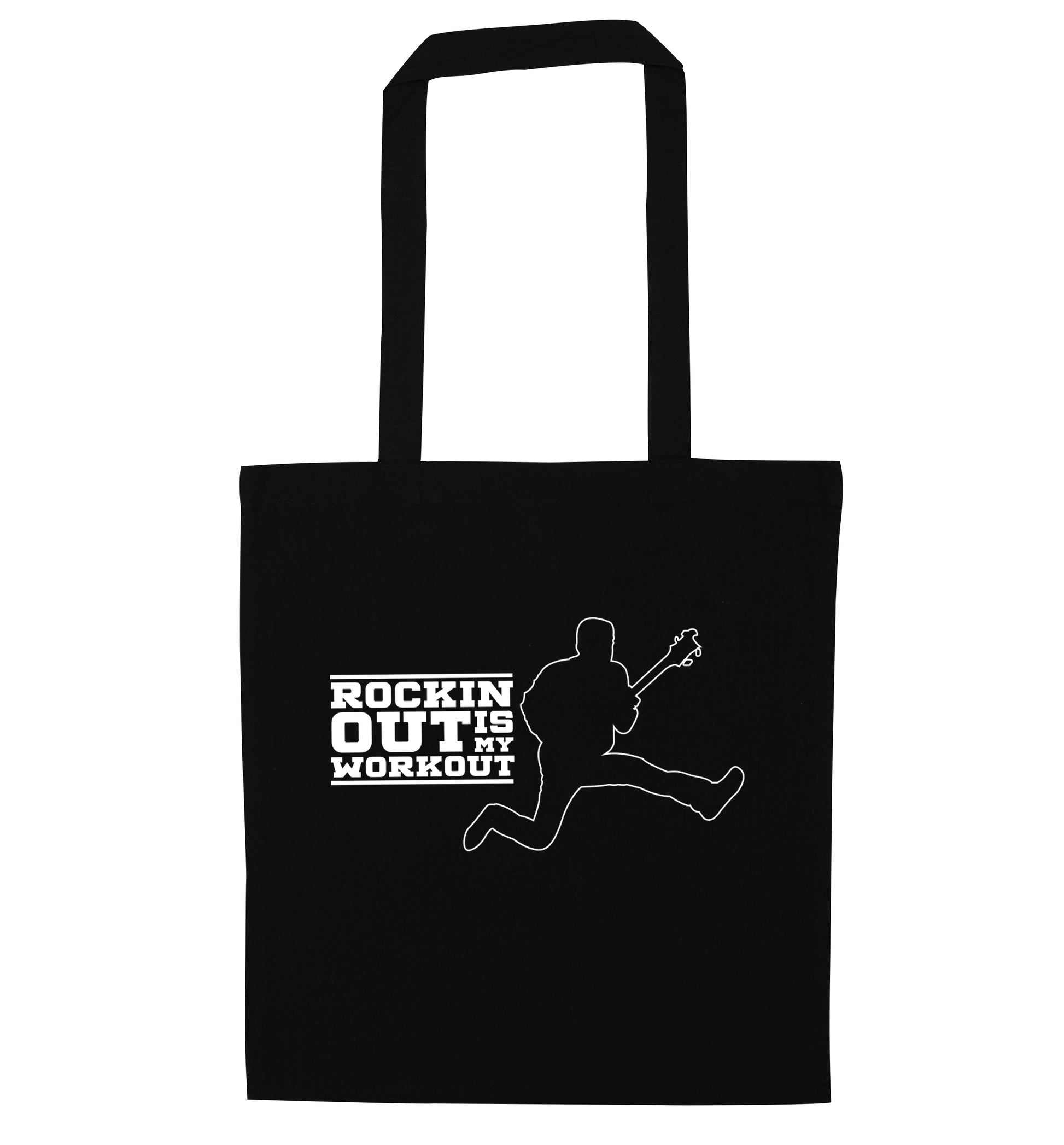 Rockin out is my workout black tote bag