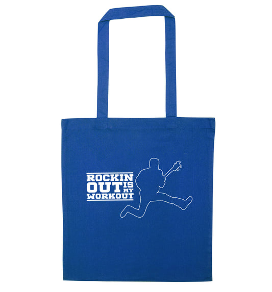 Rockin out is my workout blue tote bag