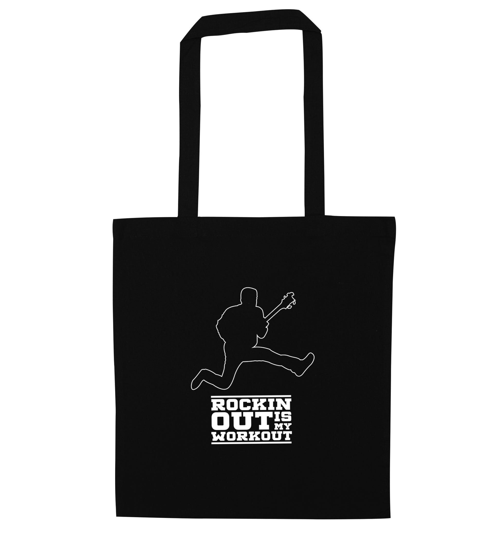 Rockin out is my workout 2 black tote bag