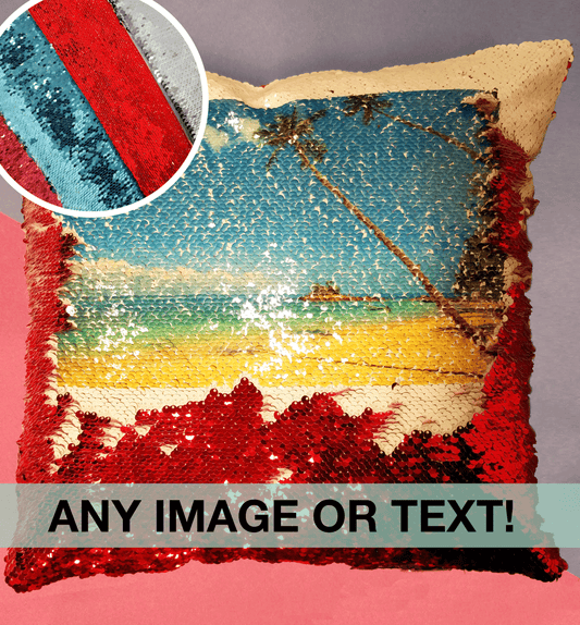Any photo or text | Sequin reveal cushion | Red, blue, pink or silver