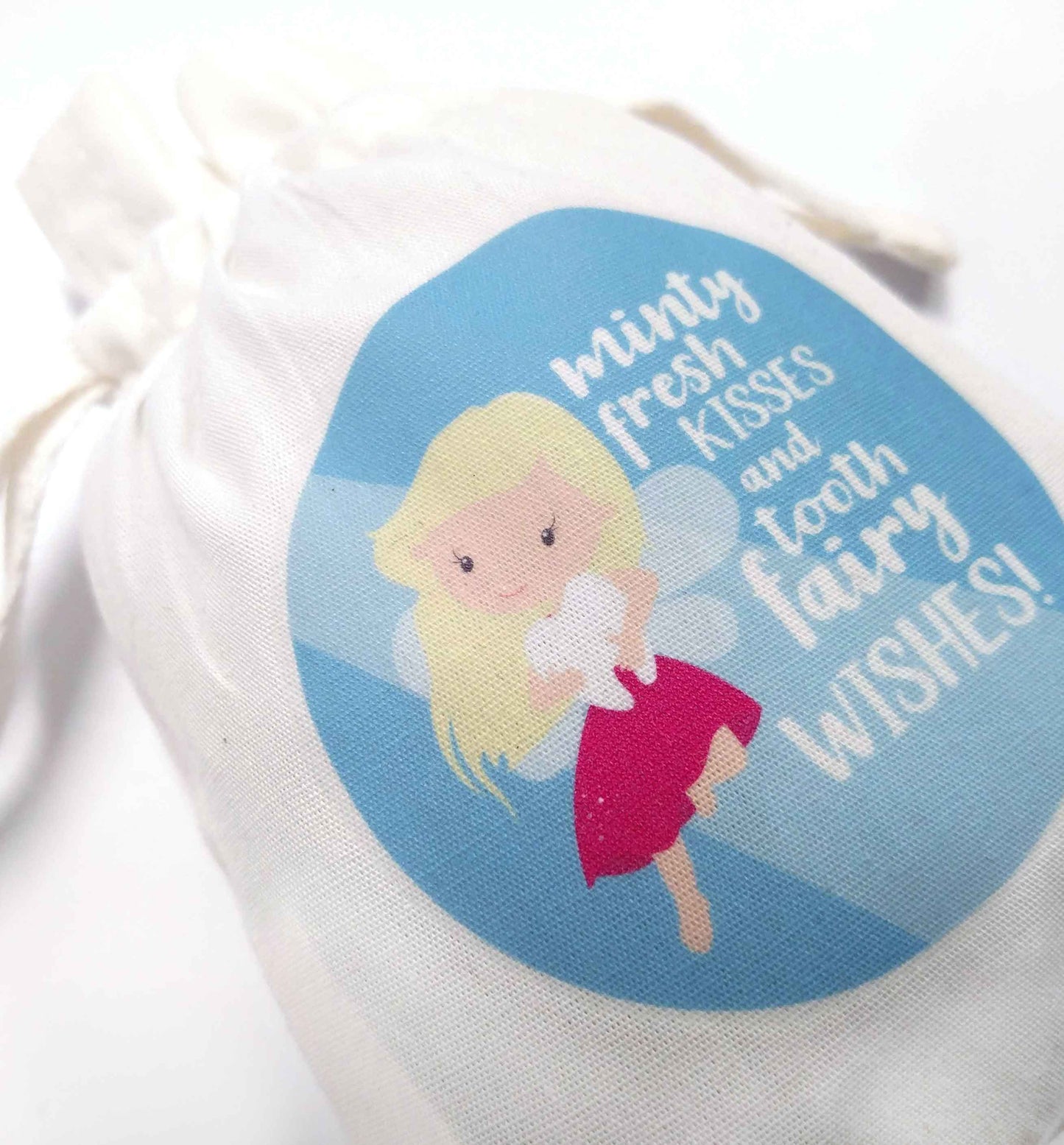 Minty fresh kisses and tooth fairy wishes | Organic Cotton drawstring bag | Flox Creative