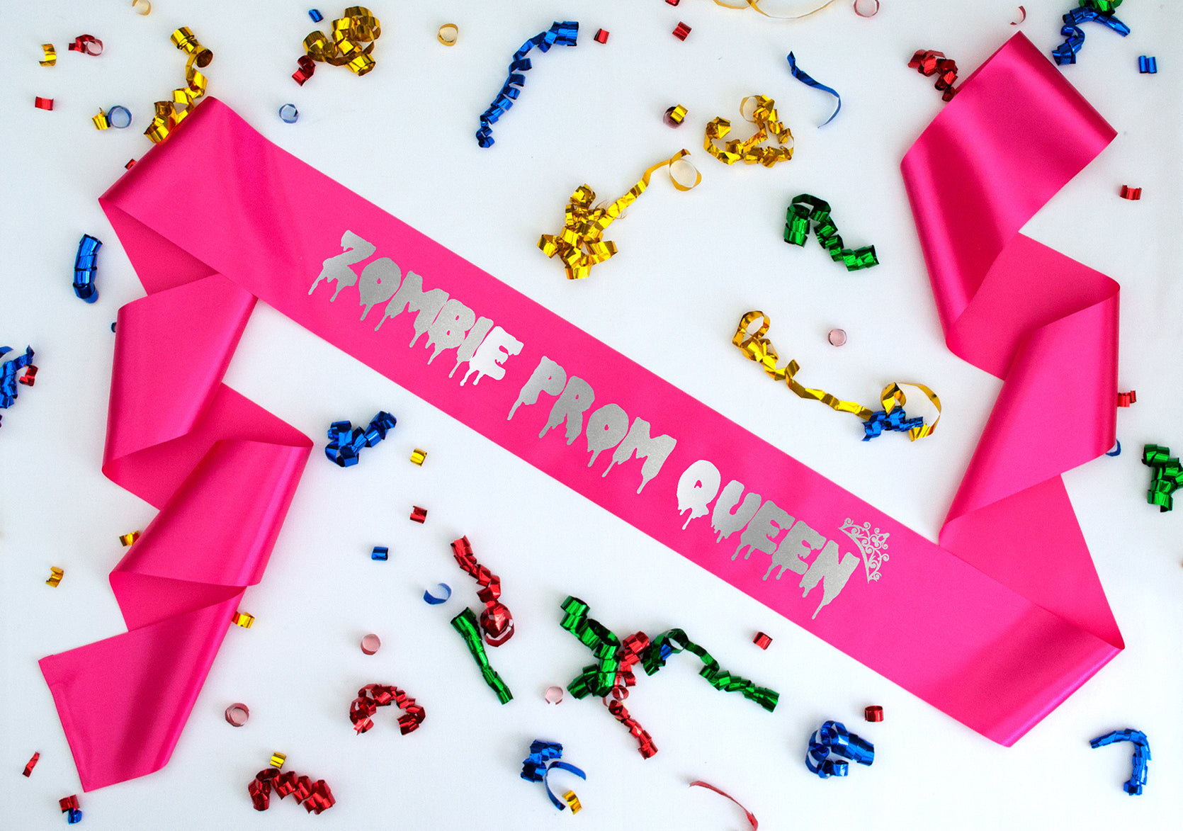 Zombie prom queen pink sash metalling silver text